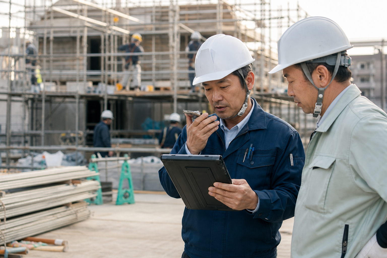 建設現場で音声メモとタブレットから日報を作成する現場担当者