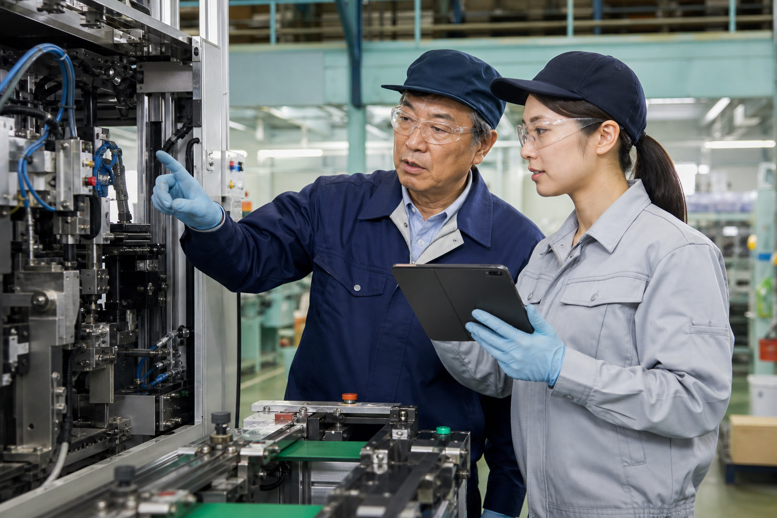 製造現場でタブレットを使って作業手順を記録する社員